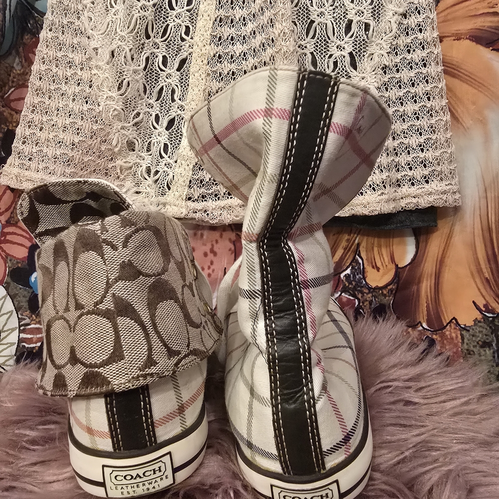 Coach Women's Plaid High-Top Sneakers - Cream and Brown - Picture 13 of 13